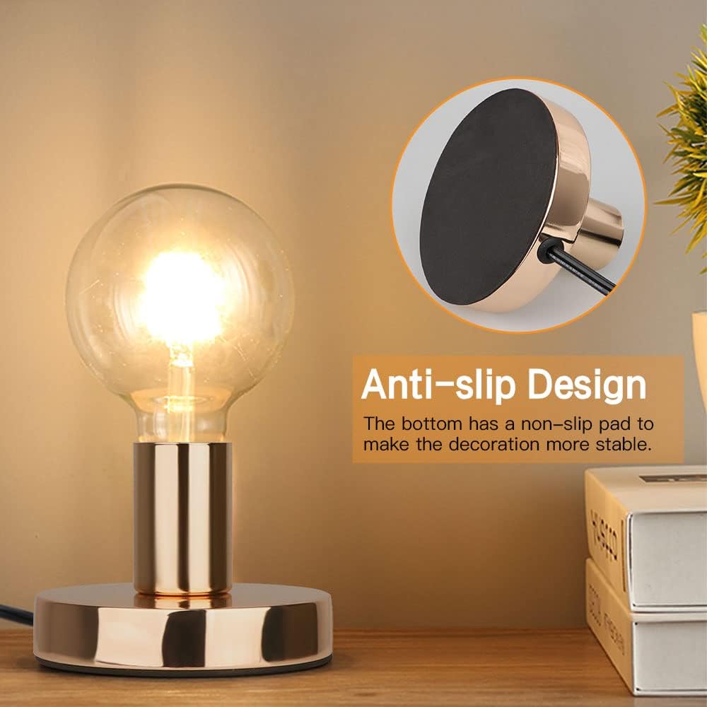 Helunsi Industrial Table Lamp, Gold E26 E27 Base Without Shade, Mini Short Desk Lamp Exposed Bulb, Simple Metal Edison Light Bulb Stand, 5.8ft Cord Switch Plug Holder