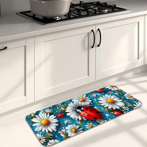 Tapis de cuisine à motif floral coccinelle pour sol, chrysanthème bleu vintage, tapis décoratif...