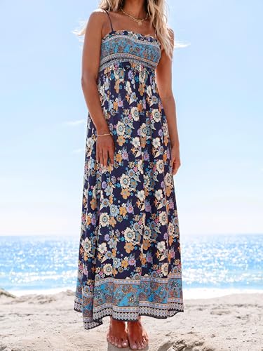 Image of CUPSHE Women Spaghetti Straps Boho Maxi Dress Summer Sleeveless Smocked Floral Beach Long Dress Flowy Cruise Vacation Outfits