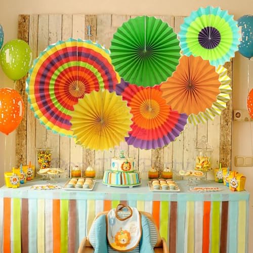 Image of Pop the Party 6Pcs Vibrant Bright Colors Hanging Paper Fans Circular Folded Paper Fan Flower Party Supplies Wedding Background Decoration Window Dressing.