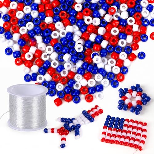 ArtCreativity 1000+ PCS Patriotic Beads Kit for Kids - Red White and Blue Plastic Jewelry Beads with 40m String for Making USA Flag Necklaces & Bracelets - July 4th Arts and Crafts for Kids