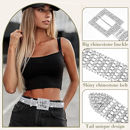 Jeyiour 3 Pcs Women Rhinestone Belt Diamond Elastic Waist Glitter Belt Shiny Crystal Silver Chain Bling Waistband Square Ring Wide Waist Band for Christmas Women Ladies Jeans Dress4