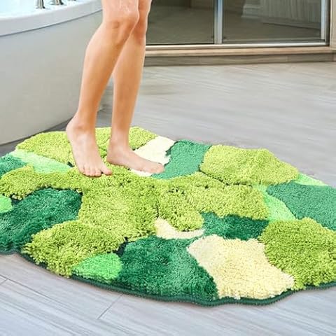N&T NIETING Cute Green Moss Bathroom Runner Rug Rectangular Boho Aesthetic Leaf Leaves Bath Mat Shaggy Non Slip Absorbent Shower Decor(31x20 inches) Cover