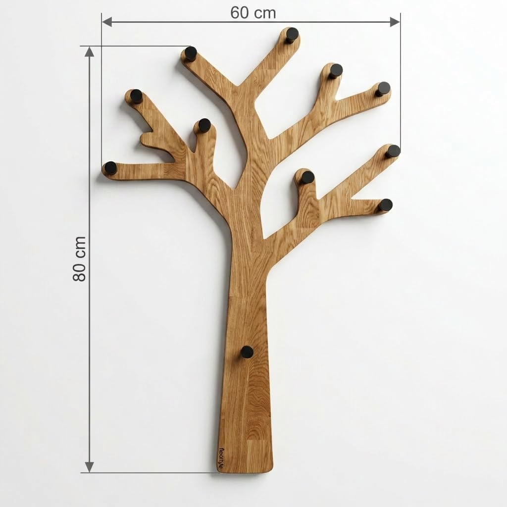 FLEXISTYLE Wandgarderobe Eichenbaum Holz Eiche mit Metallhaken Flurgarderobe modern schwarz – Garderobe Wand, Kleiderhaken, Wandhaken, Garderobenpaneel (Eiche, Top)