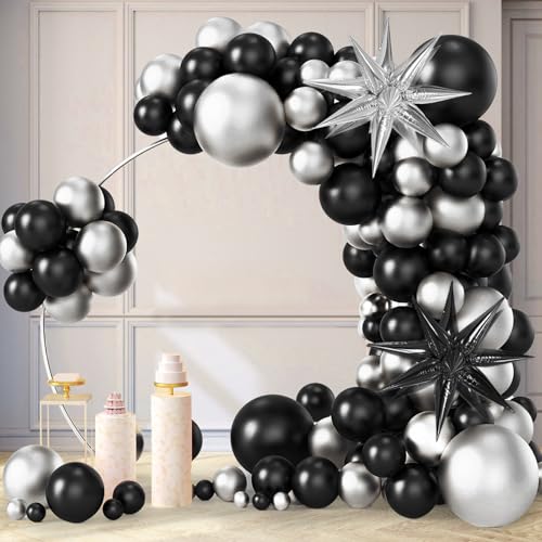 Image of Black and Sliver Balloons Arch Garland Kit, 5 10 12 18 inch Sliver Black Baloons with Explosion Star Ballons 101pcs Balloons for Anniversary Wedding New Year Birthday Party Decorations