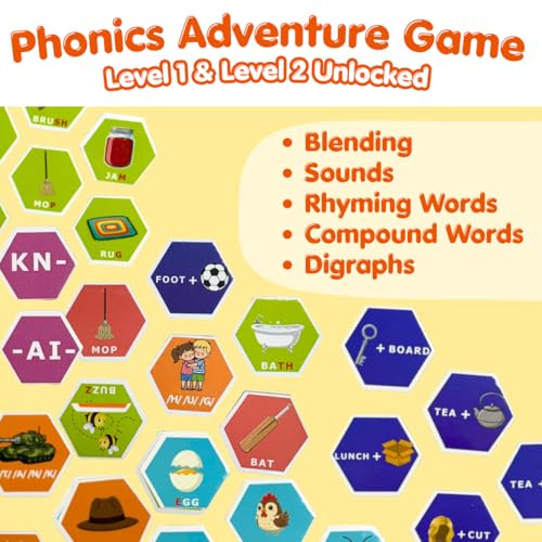 Image of CocoMoco Kids Spell Buzz Phonics Game Level 1 and 2, Learn to Read, 4-6 Year Old Boys and Girls | Word Spelling & Phonics Board Game | Educational Learning Toy, Birthday Return Gift for Kids