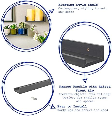Harbour Housewares 1x Grey 32.5cm Floating Picture Ledge Wall Shelf Gallery Bookshelf Storage Shelves Set Easy To Install Office, Bedroom, Living Room, Storage Mounted Shelves