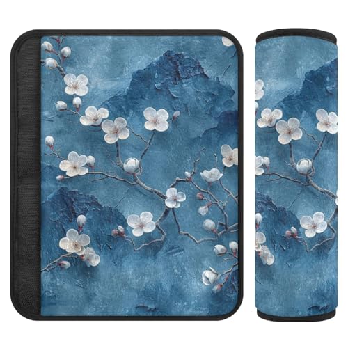 2 fundas de correa para asientos de coche, diseño de paisaje con pintura al óleo de cerezo, color azul, libera el estrés en tu cuello y hombros, almohadilla para cinturón de seguridad para sedán, SUV