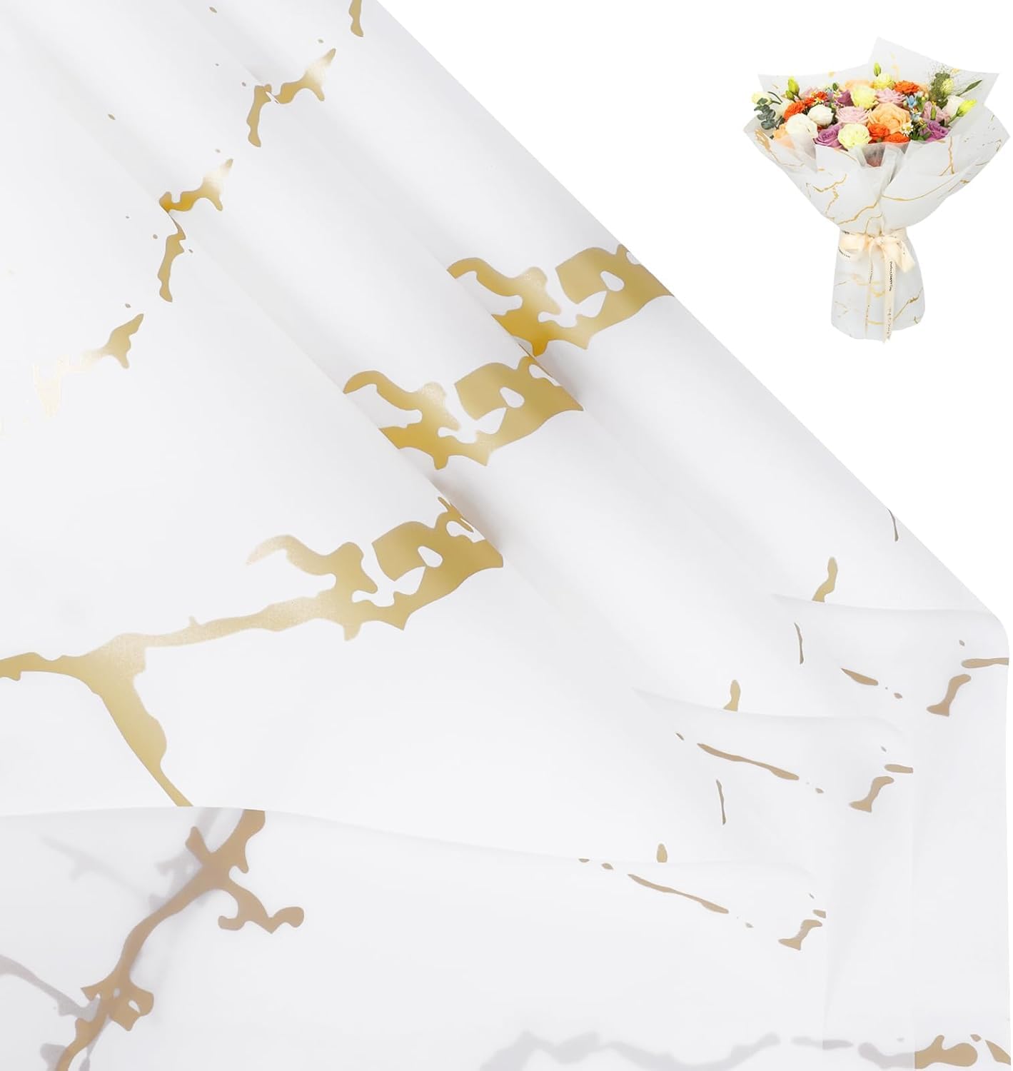 Zarwani - 30 Sheets Korean Style Waterproof White Bouquet Wrapping Paper (58cm x 58cm, 60 Microns) | Marble Design, Giftwrap for Flowers & DIY Christmas Gift Wrapping Paper (30, Marble White)