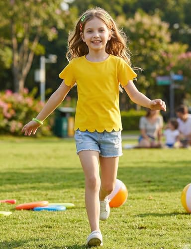 Image of Noomelfish Girls Short Sleeve Scalloped Edge T-Shirts Casual Cute Summer Tee Tops Blouse (5-12 Years)