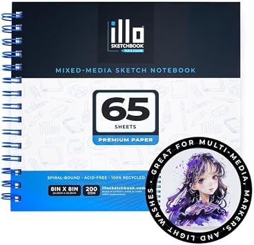 illo Sketchbook Mixed-Media 8 x 8 Spiral-Bound Sketch Notebook, 200gsm Acid-Free Paper, 65 Perforated Sheets for Easy Tear-Out, for All Mediums, for Professionals and Beginner Artists
