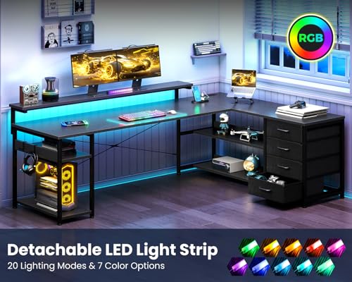 Image of AODK 69 inch L Shaped Computer Desk with 4 Drawers, LED Lights, Black