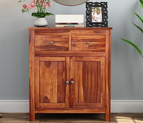 Image of Solid Sheesham Wood Wooden Sideboard Storage Cabinet : Ideal for Living Room and Bedroom with 2 Drawers and 2-Shelf Storage (Clovis, Honey Finish)