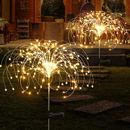Solar Lights Outdoor Garden 2 Pack - 120 LED Firework Lights with 2 Lighting Modes, IP65 Waterproof Solar Outdoor Lights Decorative, Solar Pathway Lights for Walkway Patio Backyard Party, Warm White