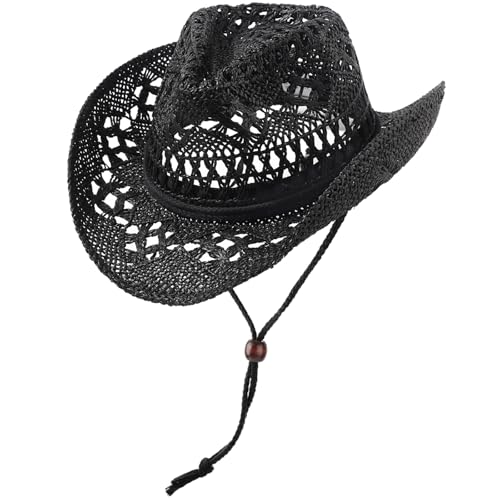 Image of DRESHOW Straw Cowboy Cowgirl Hat for Women Men Western Coastal Cowboy Beach Hat with Shapeable Brim Unisex Rolled up Caps