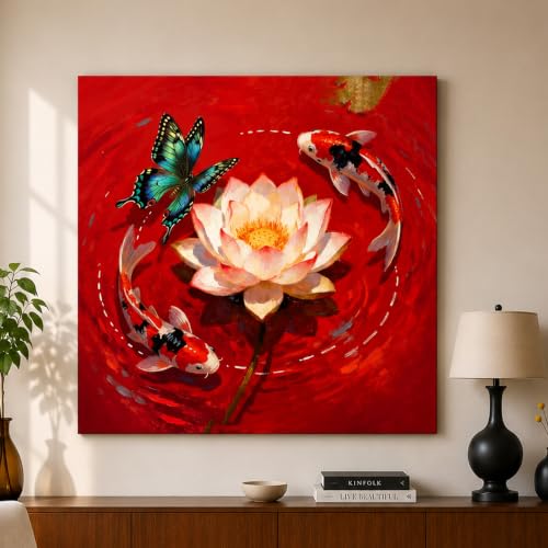 Image of PAINTINGMANTRA Lotus Koi Harmony Stretched Canvas Painting for Living Room | Vastu Lotus Fish Wall Decor Art For Livingroom, Bedroom, Office, Hallways - 34x34 Inch