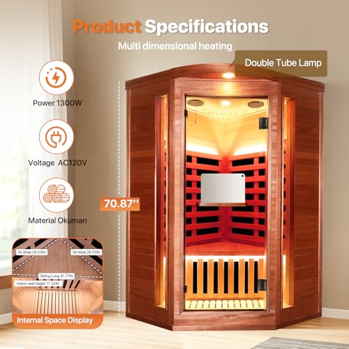 Image of OUTEXER Corner Sauna for One Person Far Infrared Sauna Low-EMF African Mahogany Wood 1300W Indoor Saunas Wood Wax Oil on Outer Surface 37 * 37 * 71Inch