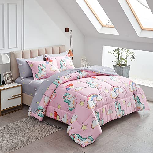 Uozzi Bedding Kids Girls Bed In A Bag 7 Pieces Queen Size Unicorn Pink Comforter Set - (1 Soft Microfiber, Reversible Comforter, 2 Pillow Shams, 1 Flat Sheet, 1 Fitted Sheet, 2 Pillowcases) #TOP2