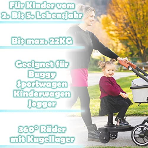 Buggy Board mit Sitz universales Trittbrett für Kinderwagen Buggy Mitfahrbrett mit großer Stehfläche Kinder bis 22 KG