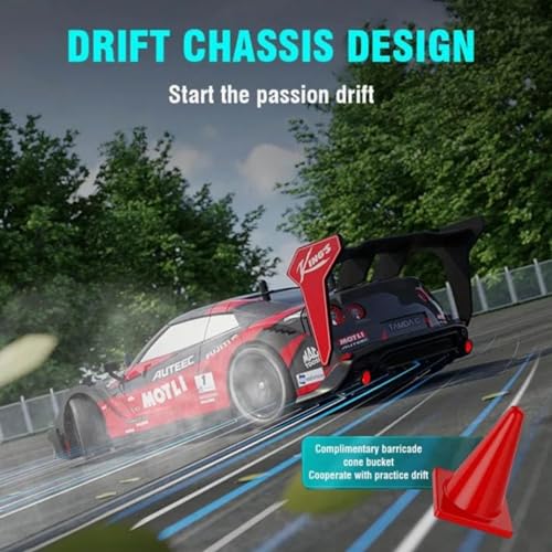 Image of High Speed RC Drift Car 20 KM /Hr 1:24 Scale 4WD Remote Control Racing Vehicle with LED Lights, Drift Wheels, Rechargeable Battery & Track Cones for Kids & Adults (Red)