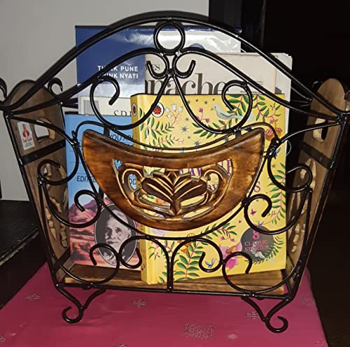 Image of Wooden & Wrought Iron Magazine Stand for Table | Hand-Carved Newspaper & Book Holder | Decorative Organizer for Home & Office | Black Finish (41 x 38 x 20 cm)