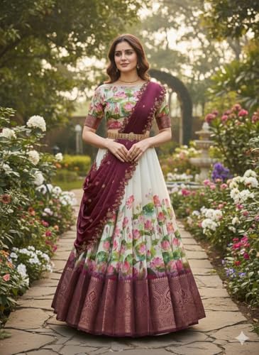 Image of ZITON Women's Indian Traditional Kanjivaram Silk Pure Weaving Lehenga Choli Along With Dupatta And Blouse Piece, Half Saree (Unstitched)