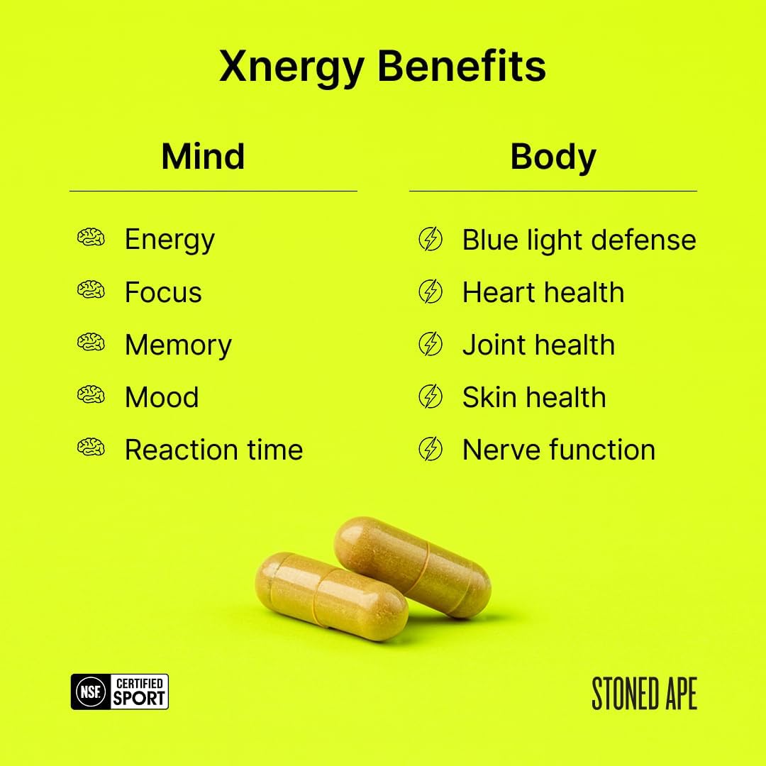 Stoned Ape Xnergy - Adaptogenic Nootropic - Supports Memory, Focus, Energy, Mood, Blue Light Filtering - ALCAR, B12, Bacopa, Astaxanthin, Lutein, Choline - Keto, Paleo, Vegan - NSF Sport Certified
