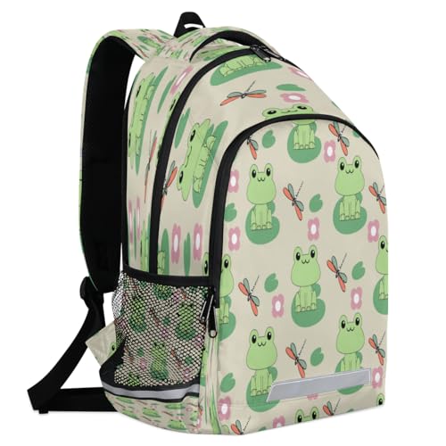 Frog Dragonfly Flower Backpack with Chest Strap Reflective Lightweight Travel Hiking Backpack for Men Women Waterproof Daypack Back Pack for Commute Camping