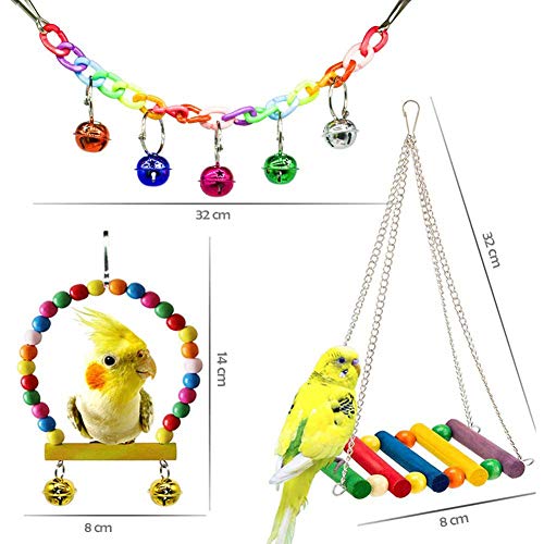 strimusimak 7Pcs Parrot Hanging Bell Beads Blocks Rattan Ball Toy Hanging Swing Ladder Chewing Toy for Pet Bird Supplies Random Color 7pcs