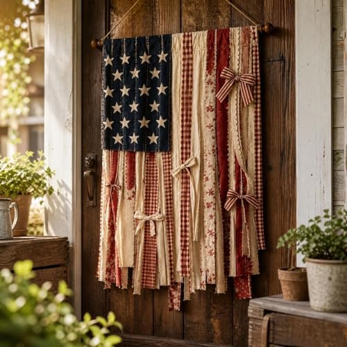 Rustic American Flag Hanging Banner Vintage Fabric Star Flag Wall Decor Patriotic Door Hanging with Bow Accents 4th of July Front Door Decoration for Farmhouse Home Porch and Yard (Multicolor)