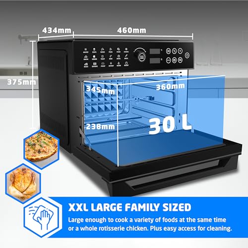 30 Litre Air Fryer Oven 1800W with Rotisserie Accessory Set - Extra Large Air Fryer for Family, 20 in 1 Dual Cook, Smart Dial, 360° Hot Air Circulation, Time & Temp Control, Fast Cooking - Image 2