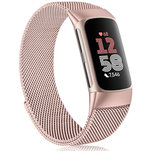 Meliya Correas de repuesto para Fitbit Charge 6 para mujeres y hombres, correa magnética ajustable de malla de metal de acero inoxidable compatible con Fitbit Charge 6 Fitness Tracker (rosa rosa)