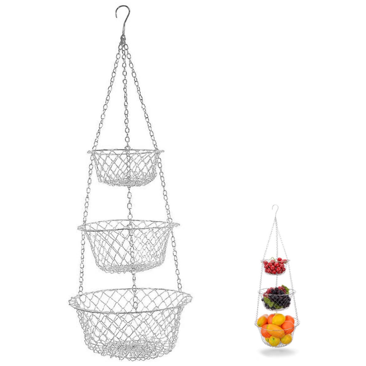 Cesta Colgante de Frutas de Hierro 3 Niveles Almacenamiento Cocina