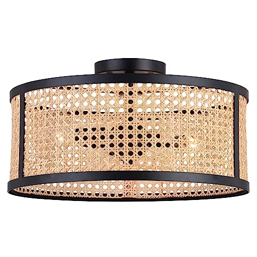 Vaxcel Berens 15.5-In W Matte Black Modern Farmhouse Drum Semi Flush Mount Ceiling Light With Rattan Cane Shade #TOP1