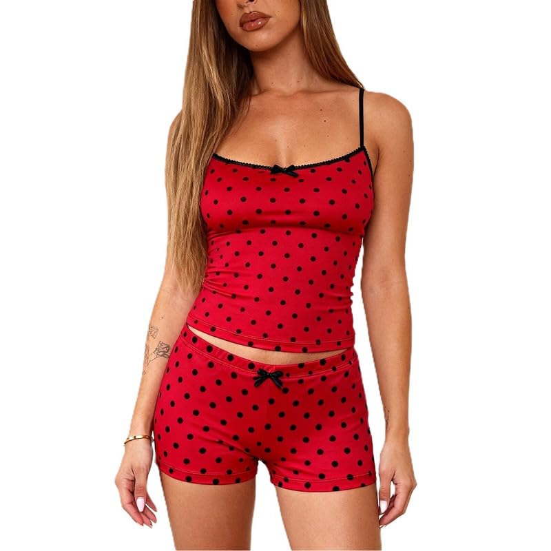 Image of Womens Y2K Cute Print Cami Pajama Sets Lace Trim V Neck Tank Top Shorts Set Bow Heart Print 2 Piece Sleepwear