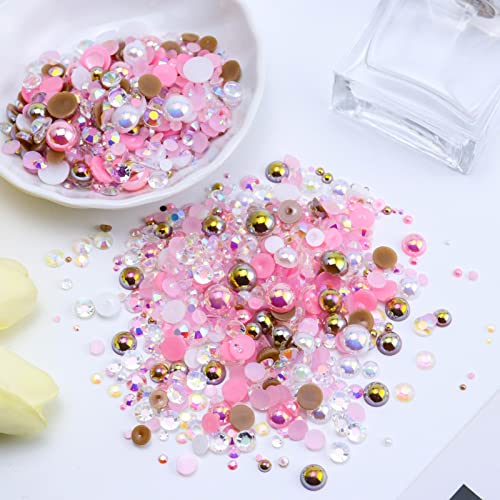 Briskbloom 60g Mix Pearls and Rhinestones, 3620PCS 2mm-10mm Flatback Pearl Rhinestones for Crafts Nails Face Art Tumblers, Jelly Rhinestones and Half Pearls, with Tweezers Wax Pen, Pink|Brown|White