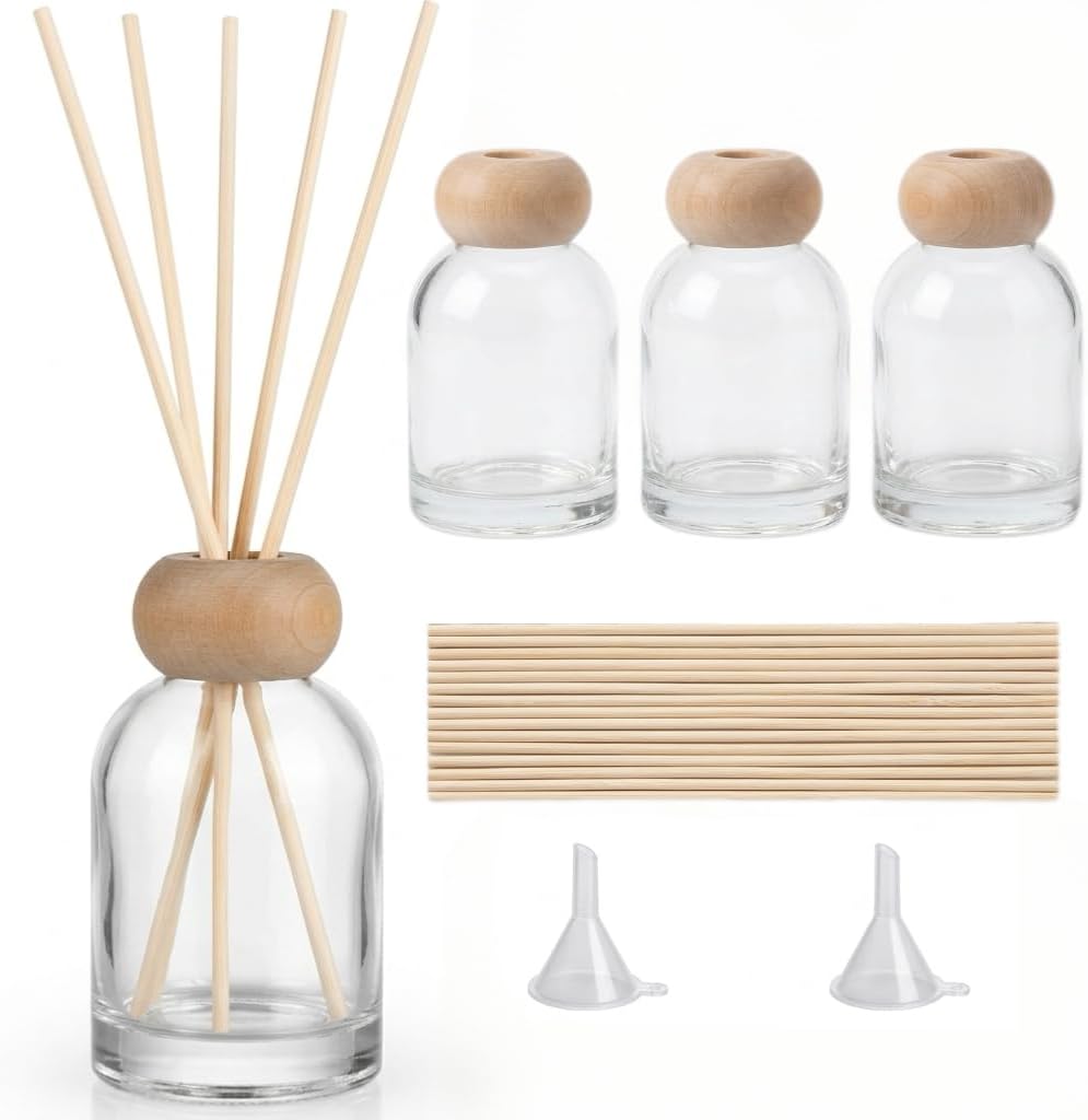 2 Pack 120ml Empty Reed Diffuser Bottles with 10 Reed Sticks, Clear Glass Diffuser Set with Wooden Caps for DIY Home Fragrance, Bathroom, Bedroom and Office (2, Gradient Brown)
