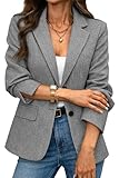 ELLEVEN Womens Business Casual Herringbone Tweed Blazers 2 Button Jackets Slim Fit Lightweight Long Sleeve Suit Work Office Blazer with Pockets Dressy Trendy Outfits Fall Winter Grey Large