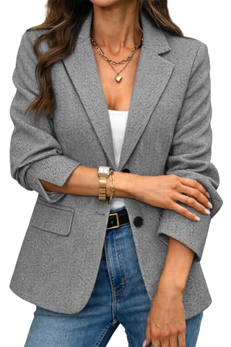 ELLEVEN Womens Business Casual Herringbone Tweed Blazers 2 Button Jackets Slim Fit Lightweight Long Sleeve Suit Work Office Blazer with Pockets Dressy Trendy Outfits Fall Winter Grey Large