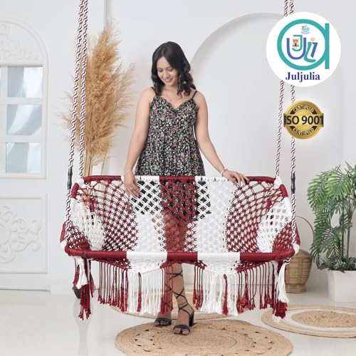 Image of JULJULIA Swing for Balcony Comfortable Cotton Swing Relaxing Jhula for Adults for Home Indoor Outdoor Hanging Seat for Apartment Patio Terrace Garden- 250 kg Weight Capacity - 2 Seater JULA REA White