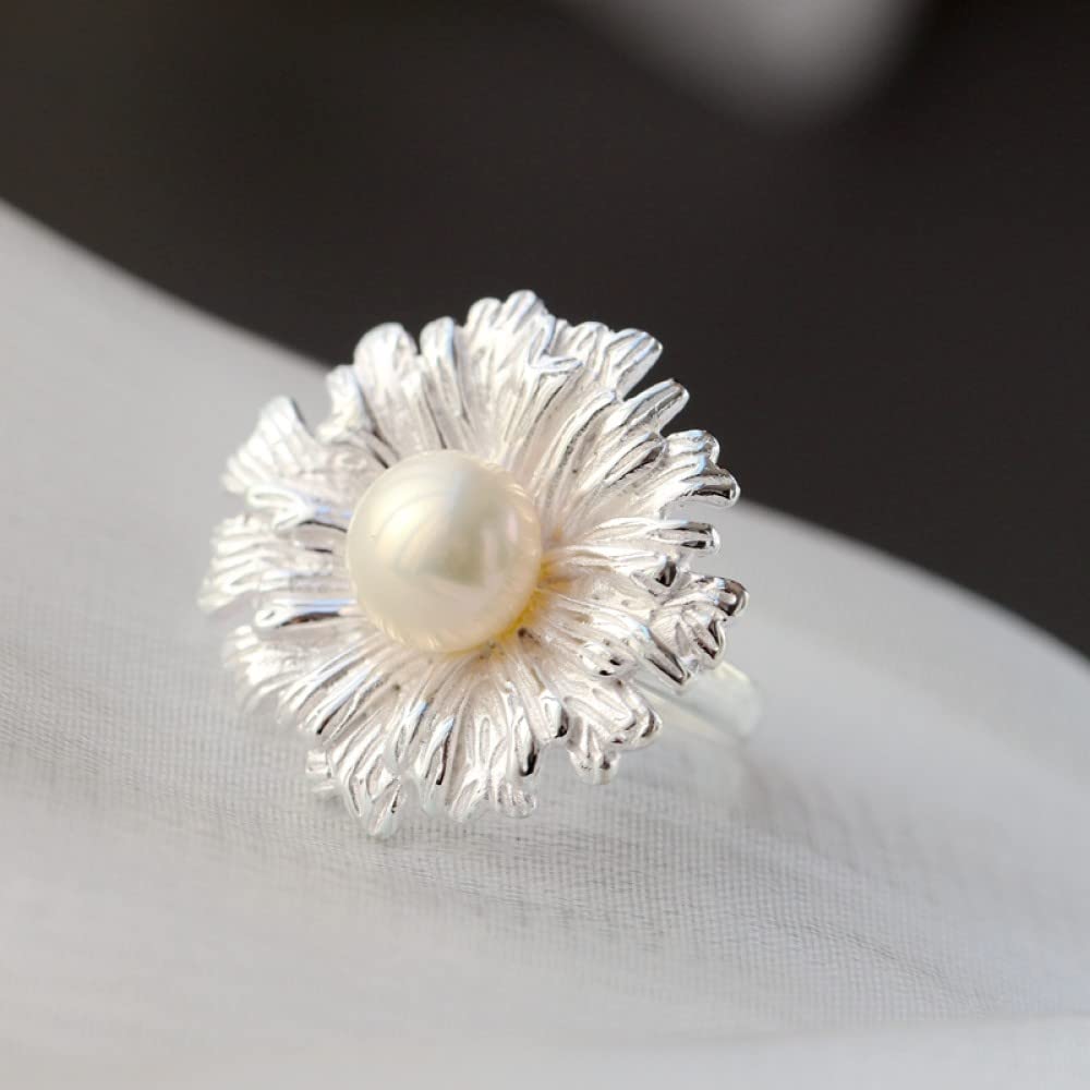 Creative natural pearl dingging ring bague ajustable fleurie femme - 8