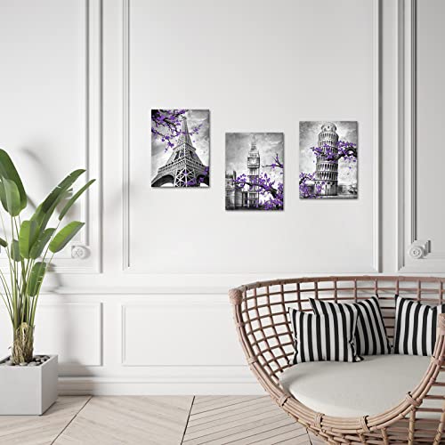 Saypeacher 3 Pieces Paris Eiffel Tower Canvas Wall Art London Big Ben Leaning Tower Purple Flower Modern Building Artwork For Home Bedroom Decor Stretched And Framed Ready To Hang 12X16Inchx3Pcs #TOP3