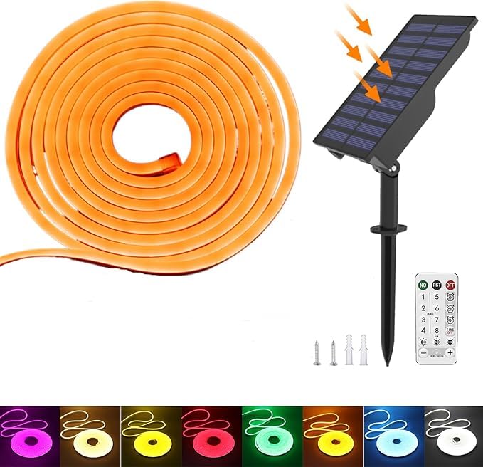 KISUFU Solar Energy Neon LED Ribbon, 24V Neon LED Strip Light IP65 Waterproof Silicone with 1.5w Solar Rechargeable Wall Mount USB Controller for Garden, Outdoor Yard Party Decoration