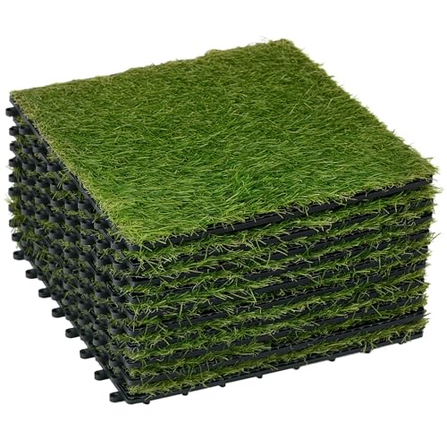 Outsunny Piastrelle da Giardino con Erba Sintetica 30x30cm 10 Pezzi, Prato Artificiale Realistico Densità 6500, Verde