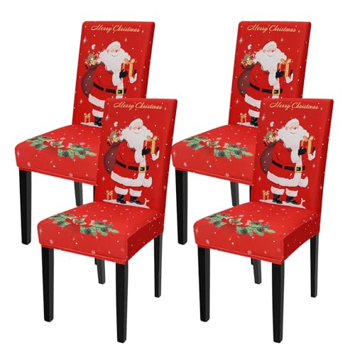 ROLOSI 4PCS Christmas Santa Claus Chair Covers Stretch Washable Back Chair Cover Merry Xmas Removable Slipcover Seat Chair Protector for Dining Room Kitchen Holiday Home Decor