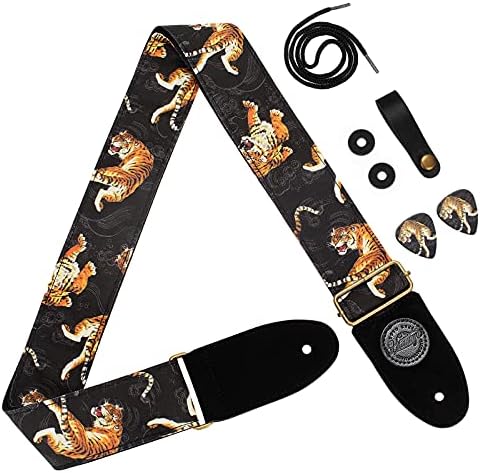 Himalaya Guitar Strap Tiger Japanese Traditional Art Pattern Tora Canvas Cotton W/FREE BONUS- 2 Picks + Strap Locks + Strap Button. For Bass, Electric & Acoustic Guitars. an Awesome Gift