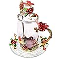LANTREE Fancy Glass Tea Cup with Lid Saucer Spoon Floral Coffee Mug Unique Christmas Gift Birthday Gift for Friend Female Mother-in-Low Daughter House Warming Gift(Tall Red)