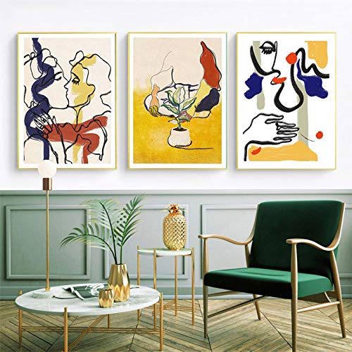 Toile peinture murale vase et ligne abstraite art nordique pour décoration de chambre 70x100
