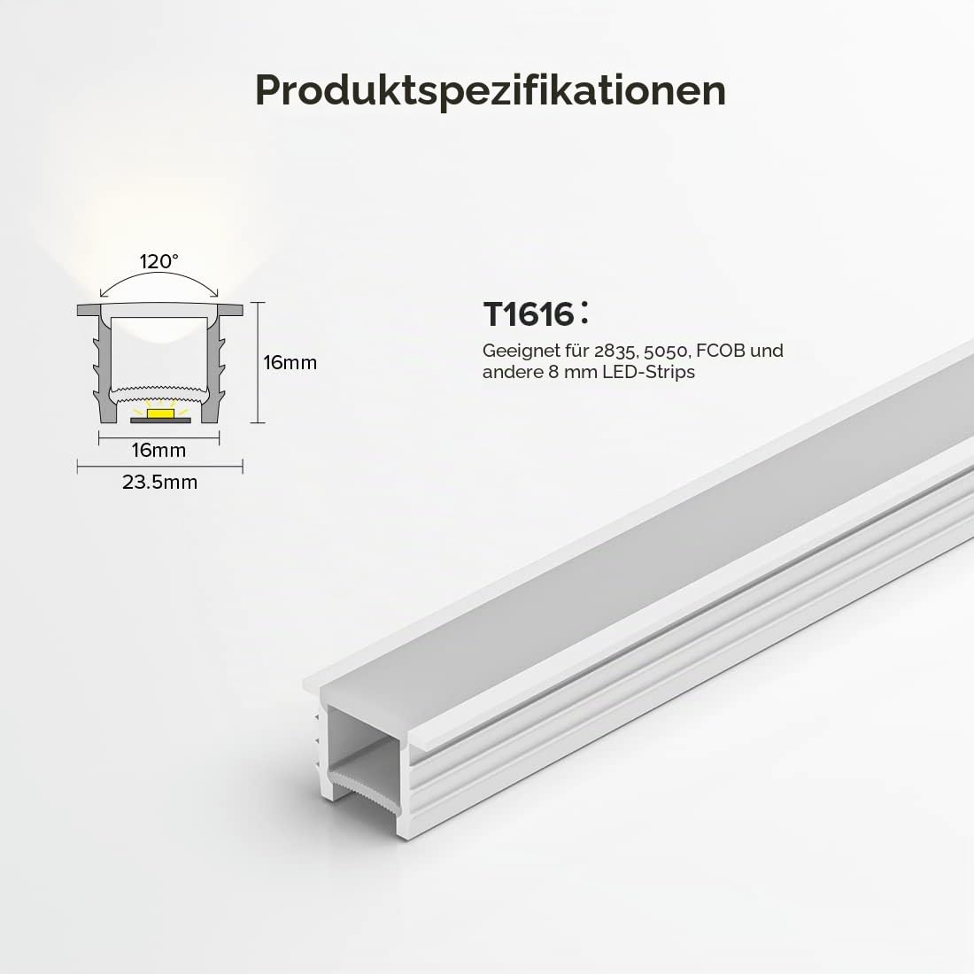 SEZO LED Profil Silikon T1616 5M Diffusor LED Neon Aufbau Profile Fleckenlos für 8-10mm Flexibel LED Streifen Lichter Kanal IP67 Wasserdicht 16x16mm 120°Beleuchtung (LED-Streifen nicht enthalten)