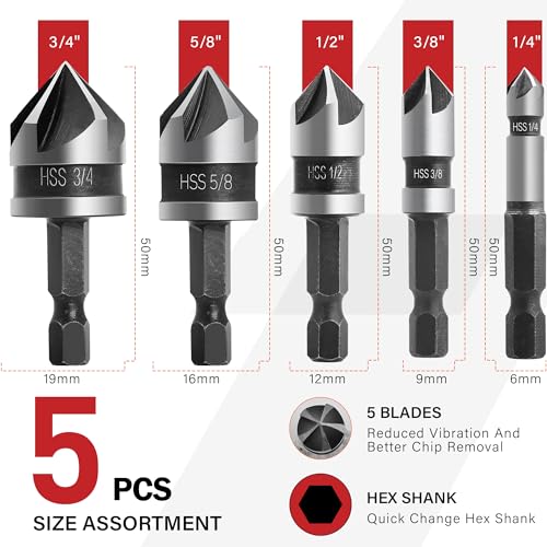 Aimlentool CD82-5PC 5 Pcs Countersink Drill Bit Set, 82 Degree 5 Flute High-Speed Steel Countersink Drill Bit With 1/4 Inch Hex Shank, 1/4 Inch To 3/4 Inch Size For Machinable Metals, Wood, Carbon Steel thumb #1